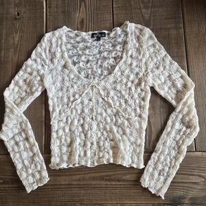 Vintage Y2K Top Womens Small White Lace Textured Sheer Cropped Babydoll Fairy